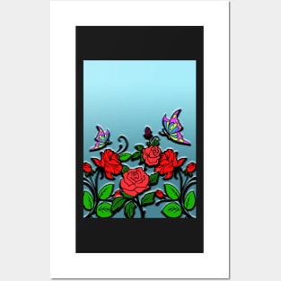 Red Roses and Butterflies - Floral Art Design 3D Effect Posters and Art